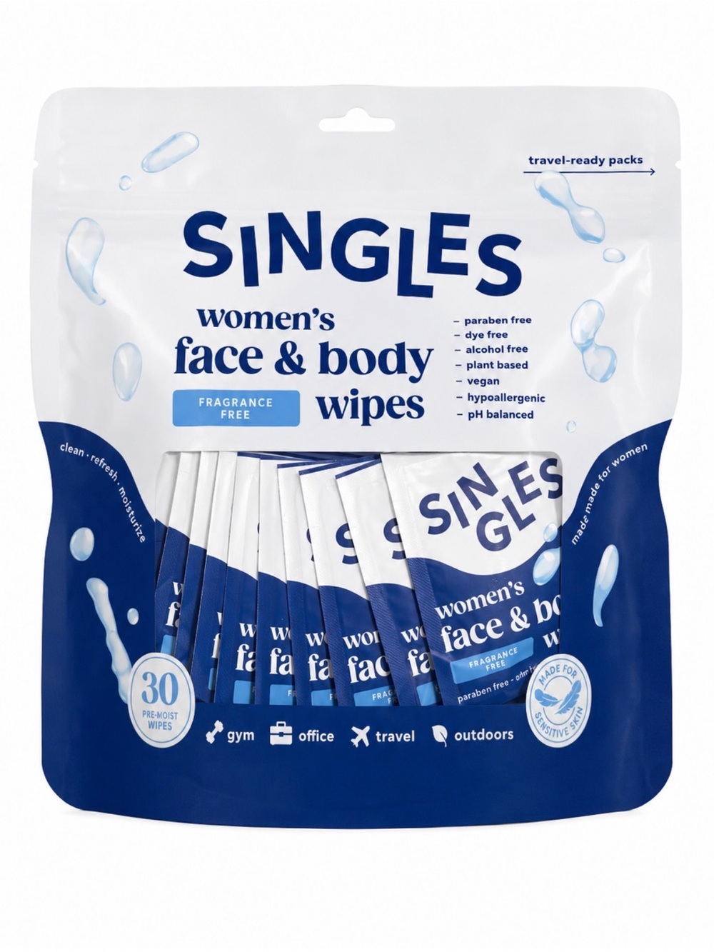 SINGLES Women’s Face & Body Wipes Fragrance Free 30 Travel Packs